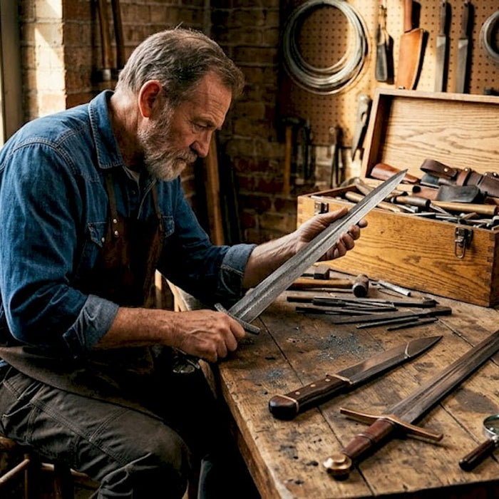 Craftsman inspecting unique sword designs