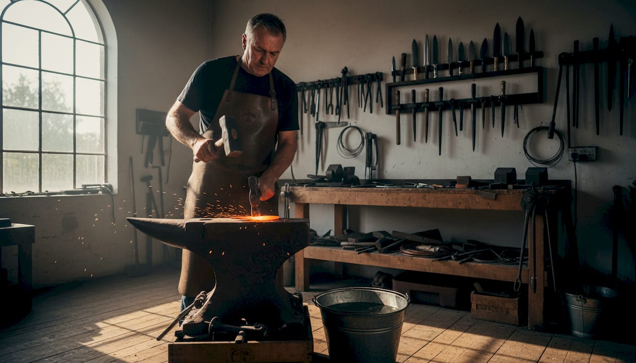 Bladesmith forging glowing steel on anvil