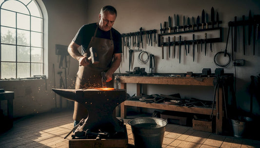 Bladesmith forging glowing steel on anvil
