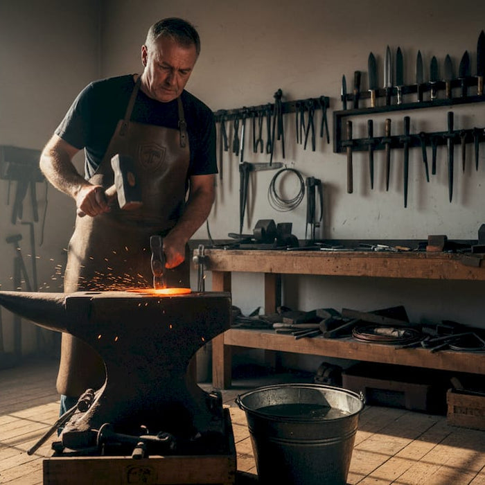 Bladesmith forging glowing steel on anvil