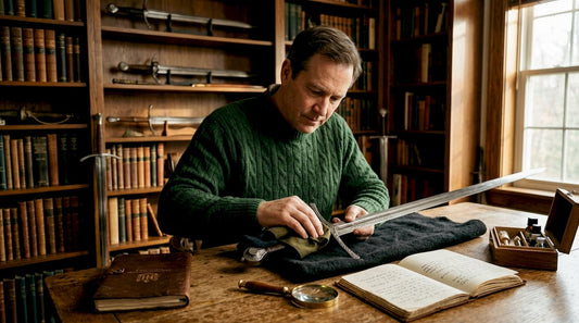 Collector examining medieval sword at study table