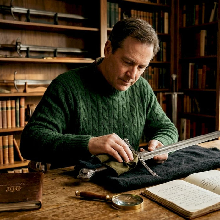 Collector examining medieval sword at study table