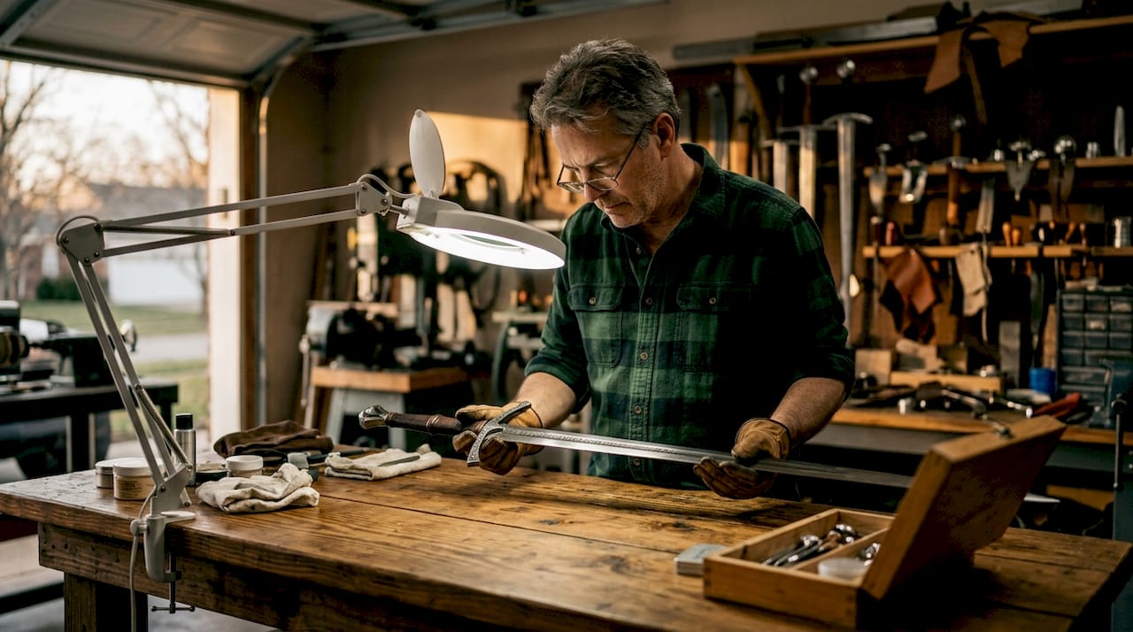 Collector inspects sword in home workshop