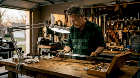 Collector inspects sword in home workshop
