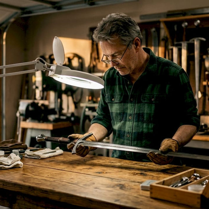 Collector inspects sword in home workshop