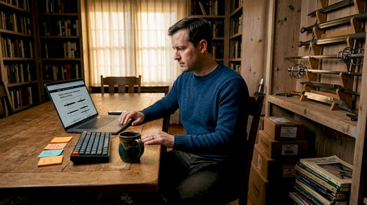 Hobbyist researching swords at desk, home office