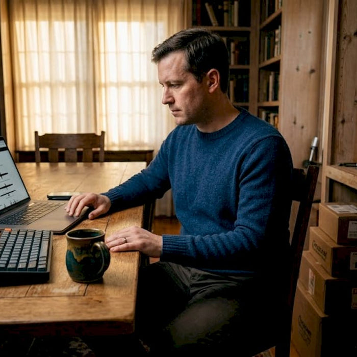 Hobbyist researching swords at desk, home office