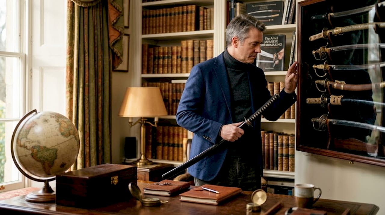 Collector examining a sword in home study