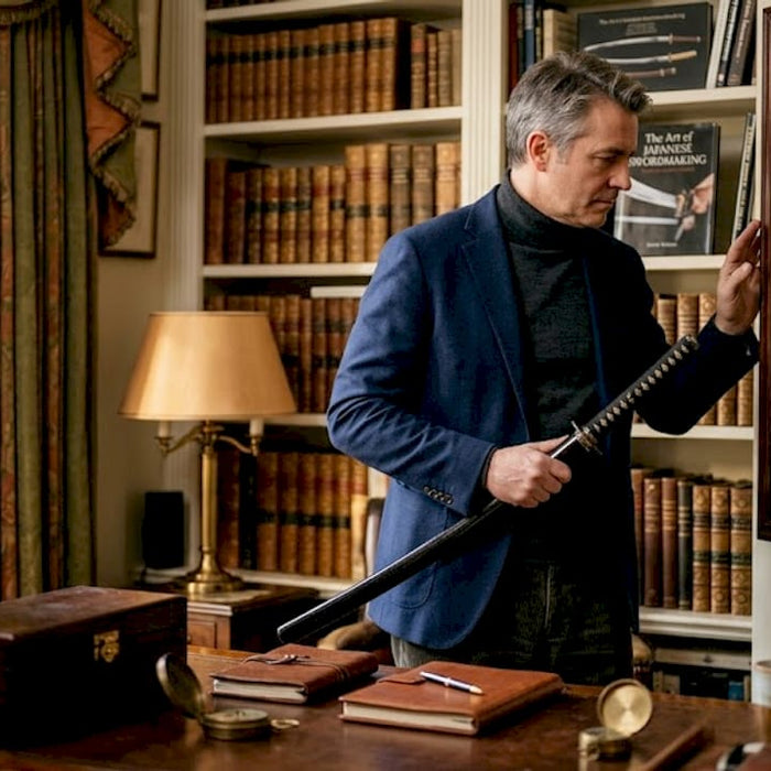 Collector examining a sword in home study