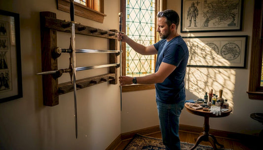Collector arranging swords on living room wall rack