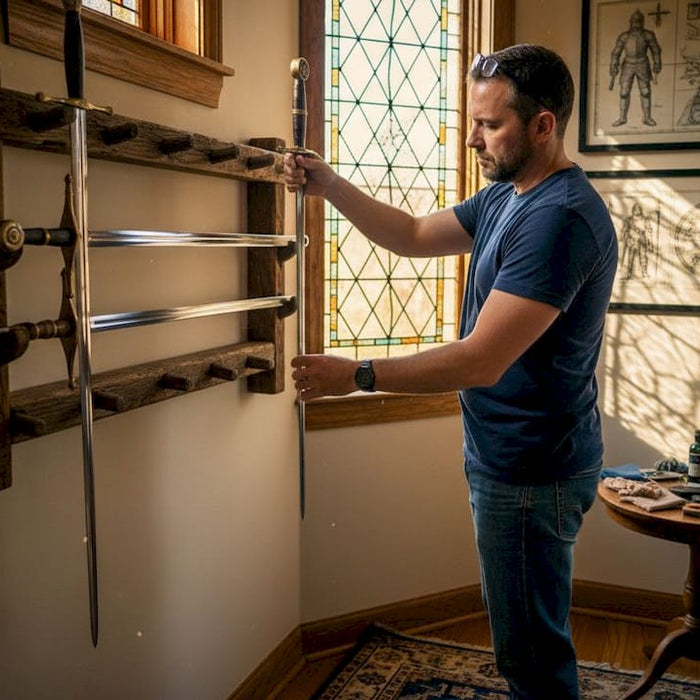 Collector arranging swords on living room wall rack