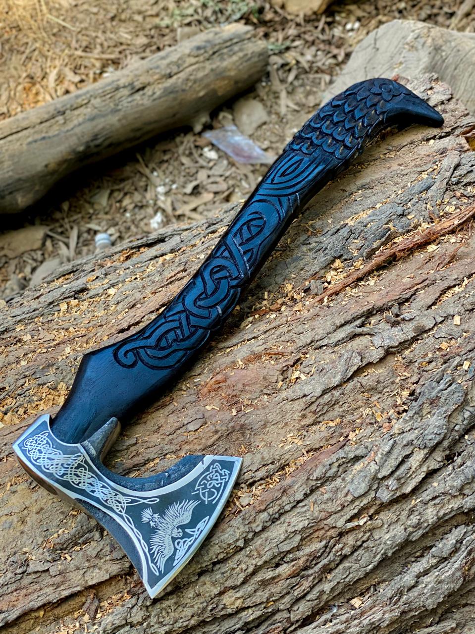Handmade Raven Axe with Leather Sheath, High Carbon Steel Norse Hatchet, Birthday Gift for Him, Husband, Boyfriend, Groomsmen, ChristmasGift