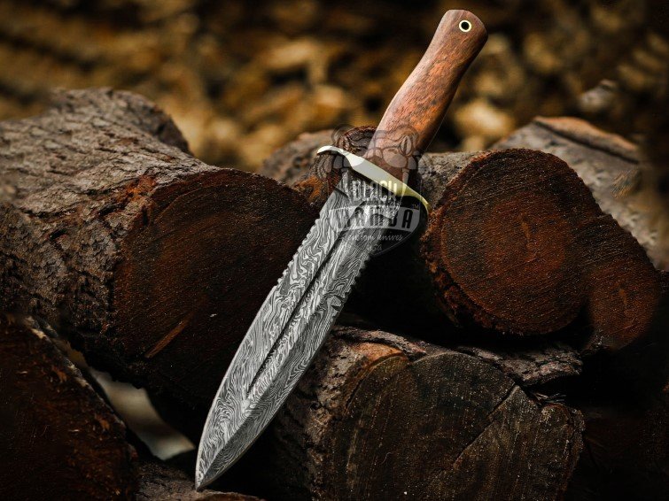 Titan Spear Damascus dagger knife with rose wood handle and leather sheath