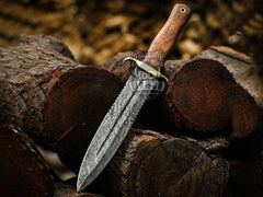 Titan Spear Damascus dagger knife with rose wood handle and leather sheath