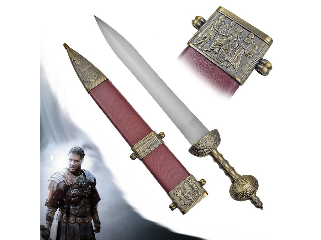 Gladiator Maximus gladius replica with ornate details and wooden scabbard