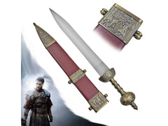 Gladiator Maximus gladius replica with ornate details and wooden scabbard