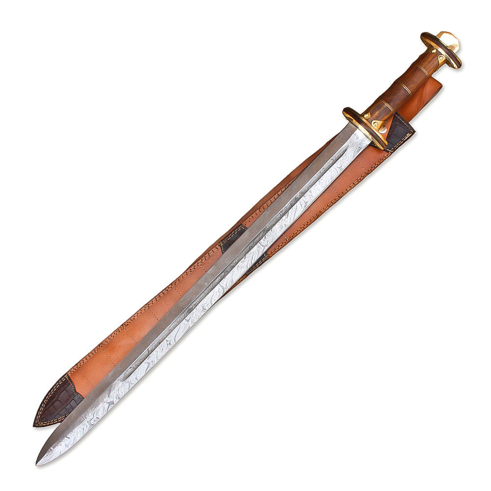 38" Hand-Forged Damascus Steel Rat-Tail Viking Sword With Leather Sheath l Brown Handle l