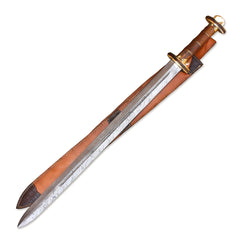 38" Hand-Forged Damascus Steel Rat-Tail Viking Sword With Leather Sheath l Brown Handle l