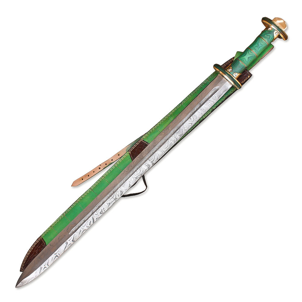 38" Hand-Forged Damascus Steel Viking Sword With Leather Sheath l Green Handle