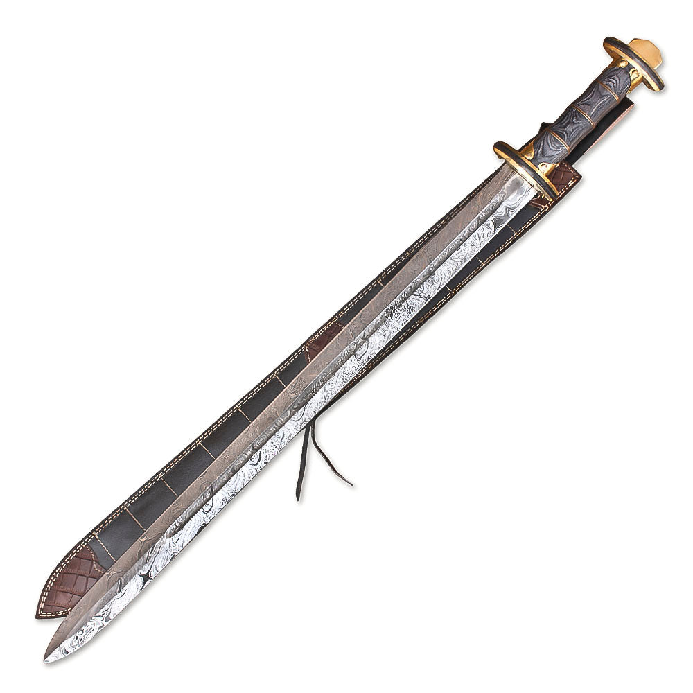 Hand-Forged Damascus Steel Viking Sword With Leather Sheath