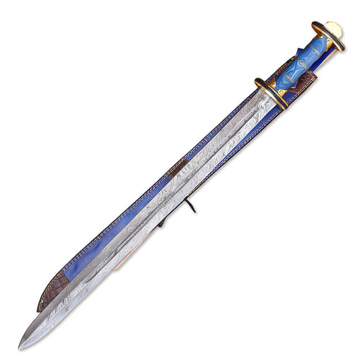 38in Damascus Viking Sword - Blue Handle - main product view