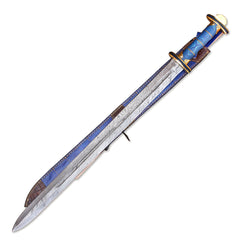 38" Hand-Forged Damascus Steel Viking Sword With Leather Sheath l Blue Handle
