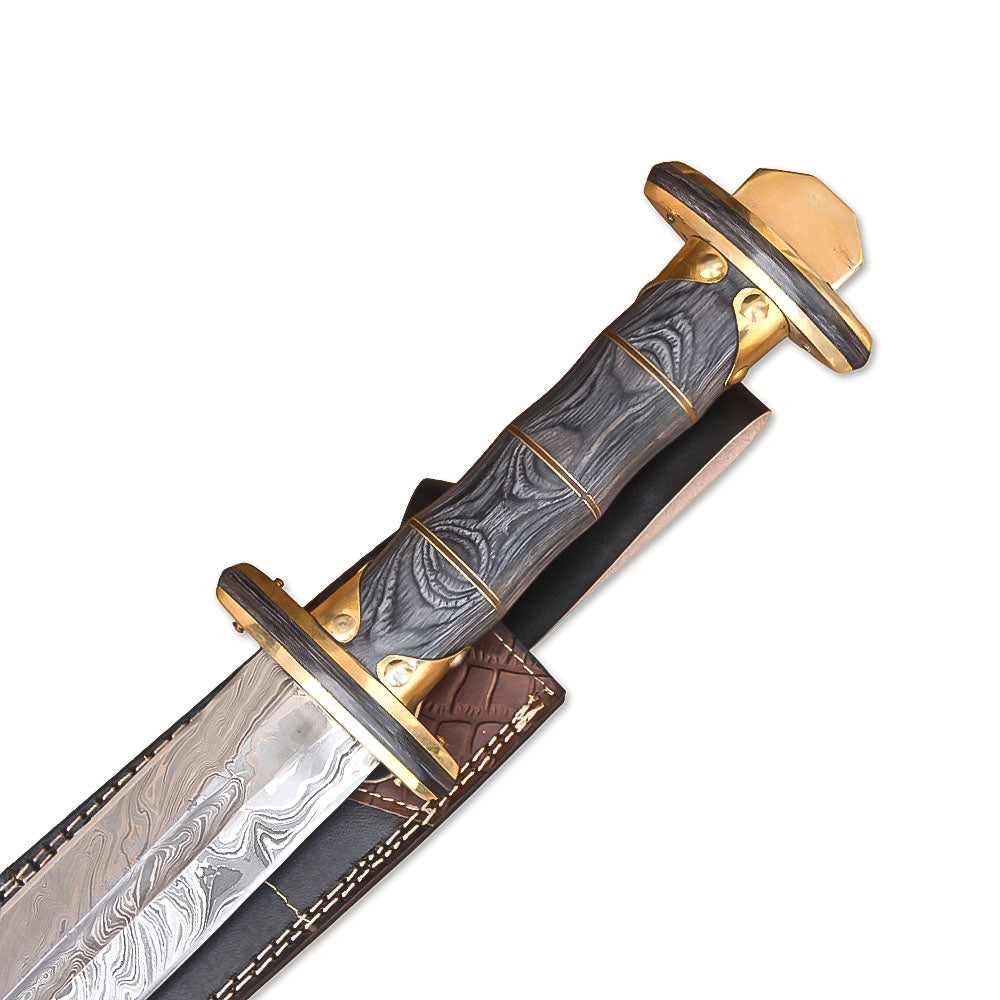 Hand-Forged Damascus Steel Viking Sword With Leather Sheath