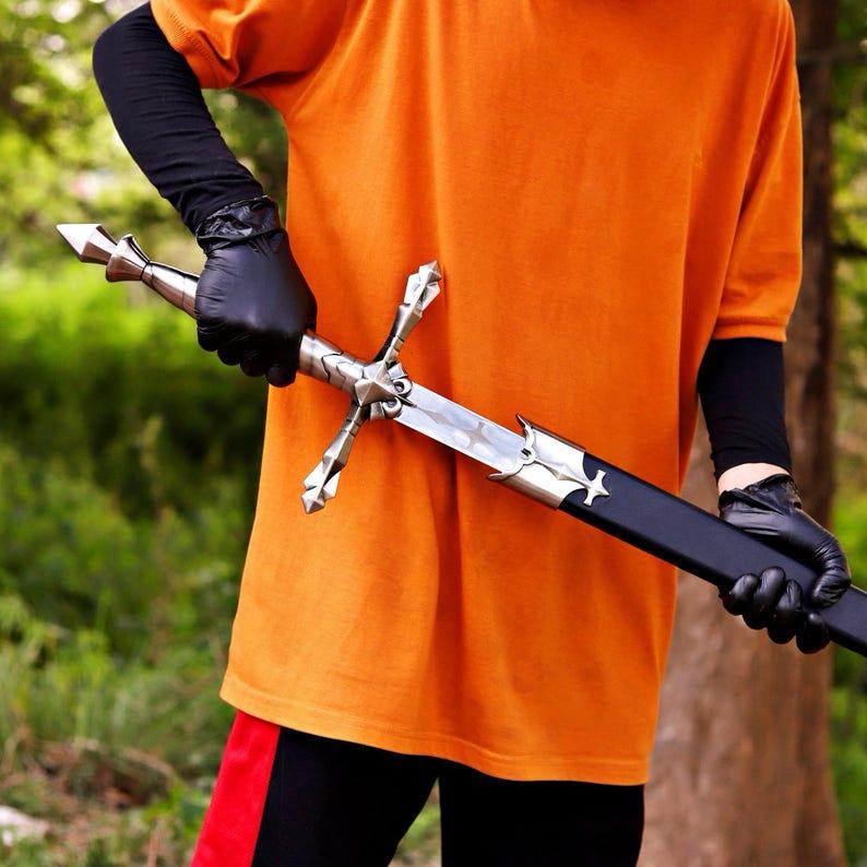 Alucard Inspired Fantasy Sword Replica, Handmade High Carbon Steel Display Collectible with Leather Sheath, Cosplay Gift