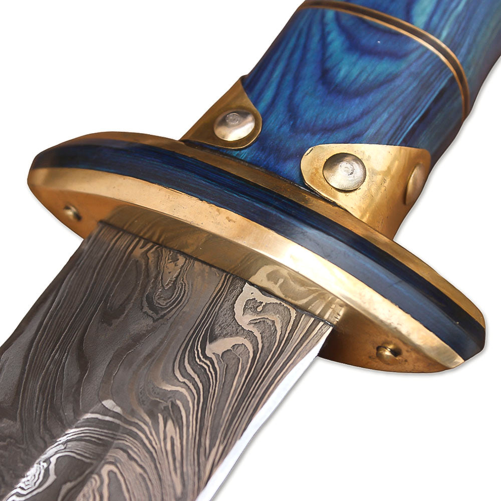 38" Hand-Forged Damascus Steel Viking Sword With Leather Sheath l Blue Handle