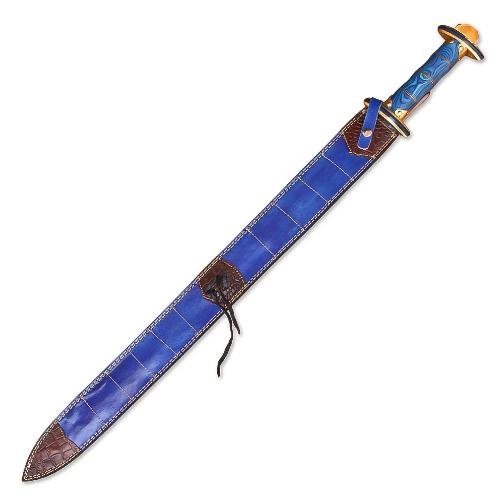 38" Hand-Forged Damascus Steel Viking Sword With Leather Sheath l Blue Handle