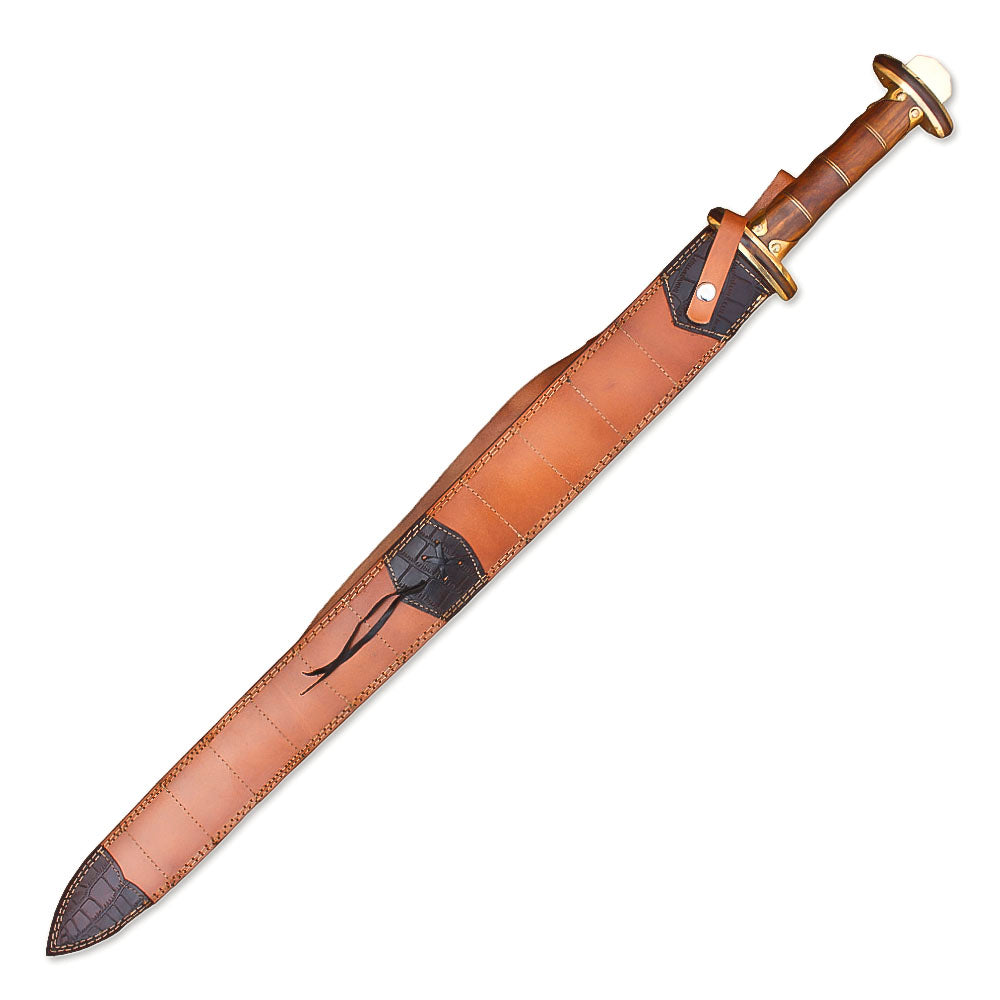 38" Hand-Forged Damascus Steel Rat-Tail Viking Sword With Leather Sheath l Brown Handle l