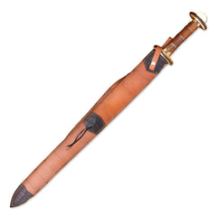 38" Hand-Forged Damascus Steel Rat-Tail Viking Sword With Leather Sheath l Brown Handle l