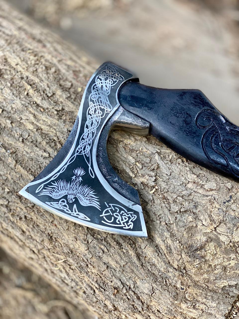 Handmade Raven Axe with Leather Sheath, High Carbon Steel Norse Hatchet, Birthday Gift for Him, Husband, Boyfriend, Groomsmen, ChristmasGift