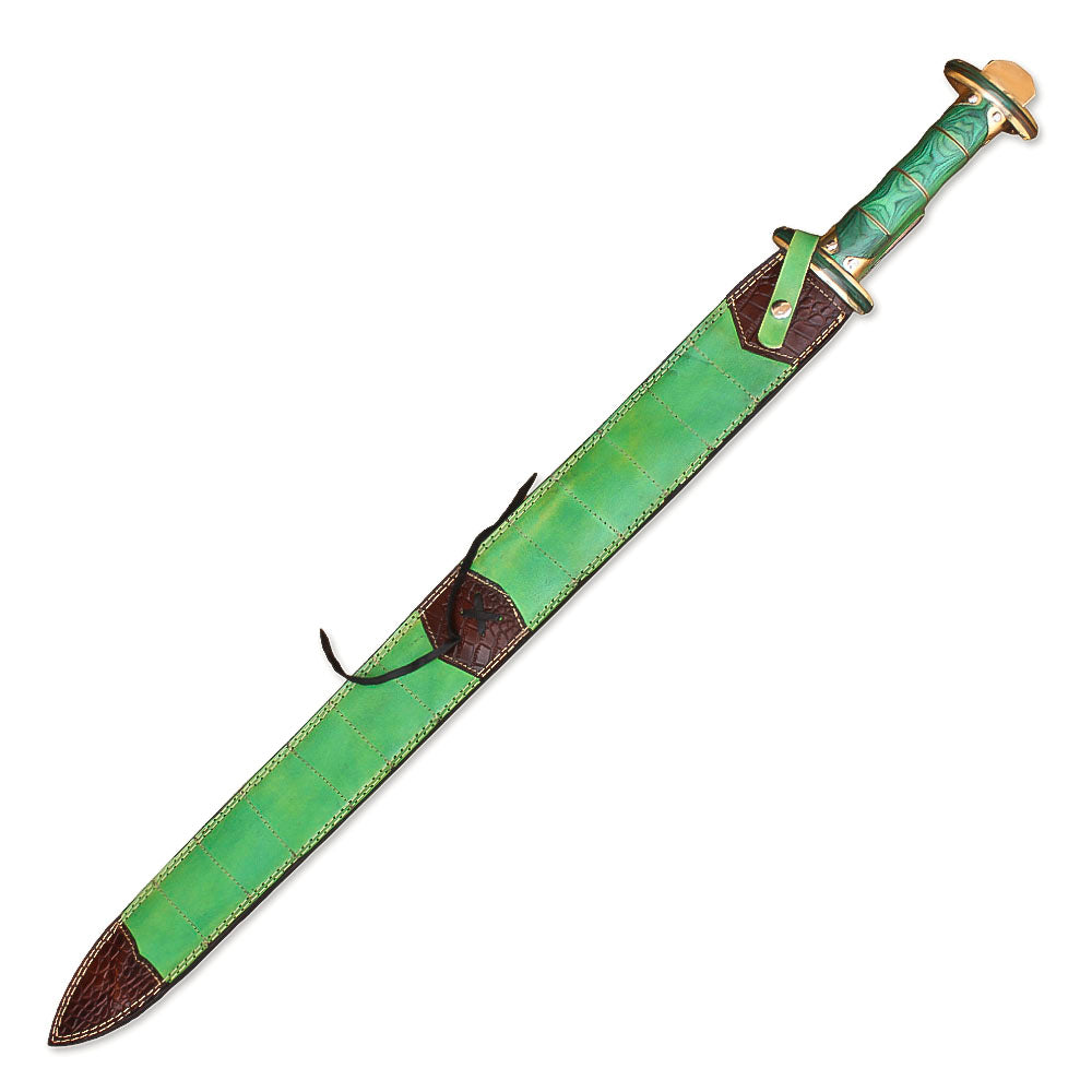 38" Hand-Forged Damascus Steel Viking Sword With Leather Sheath l Green Handle