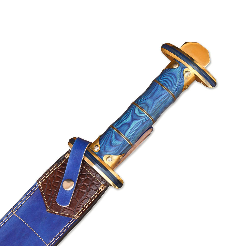 38" Hand-Forged Damascus Steel Viking Sword With Leather Sheath l Blue Handle