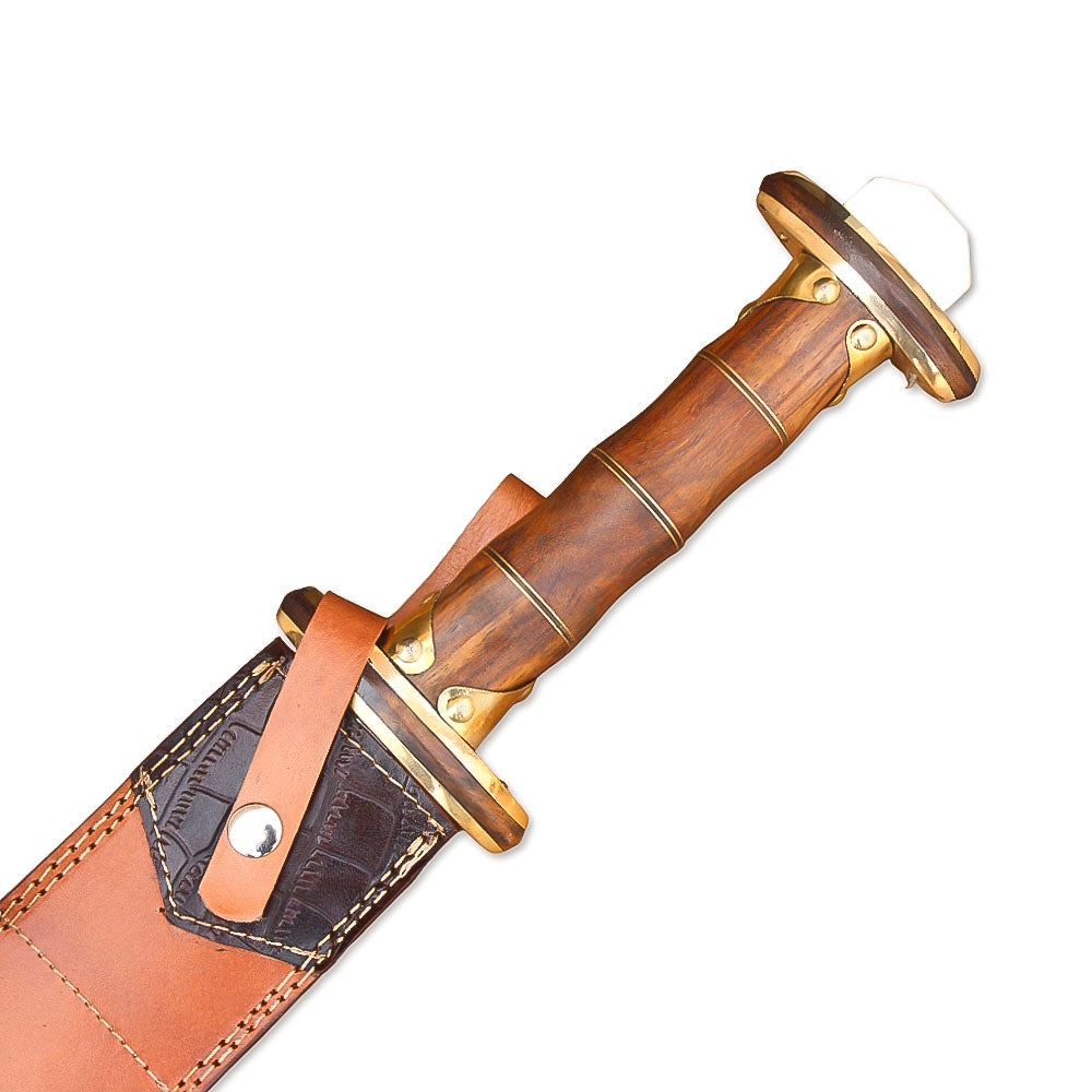 38" Hand-Forged Damascus Steel Rat-Tail Viking Sword With Leather Sheath l Brown Handle l