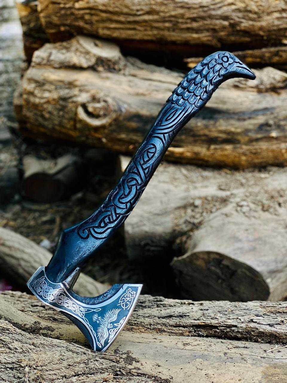 Handmade Raven Axe with Leather Sheath, High Carbon Steel Norse Hatchet, Birthday Gift for Him, Husband, Boyfriend, Groomsmen, ChristmasGift