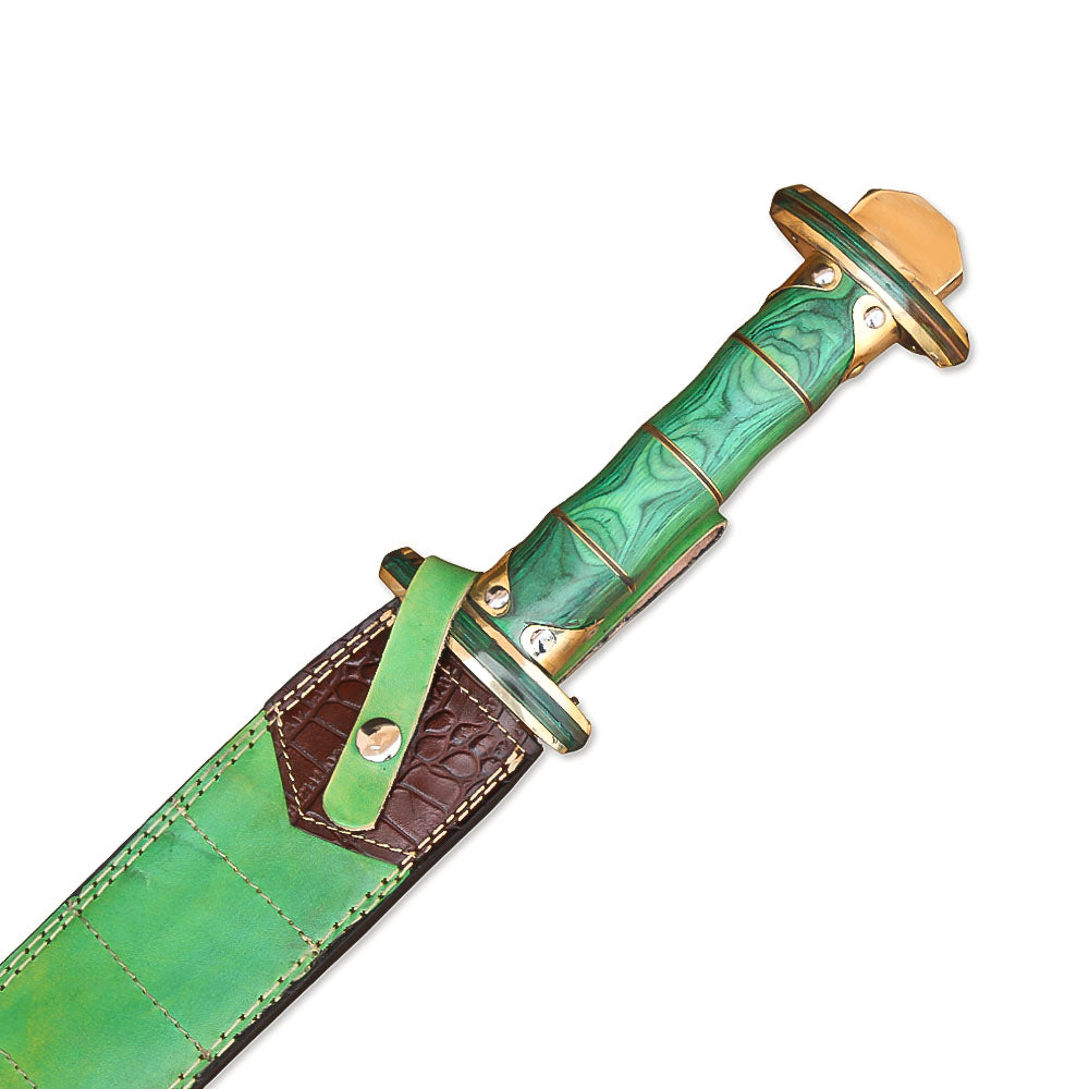 38" Hand-Forged Damascus Steel Viking Sword With Leather Sheath l Green Handle