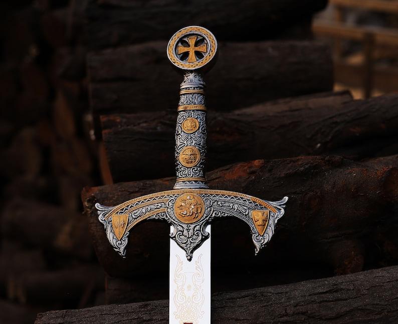 Templar Crusader Sword Replica | Medieval Knight Decorative Sword | Engraved Blade | Historical Display Gift | Groomsmen Gift | Wall Deco