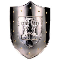 Castle-inspired steel knight shield with 24K gold-plated rivets