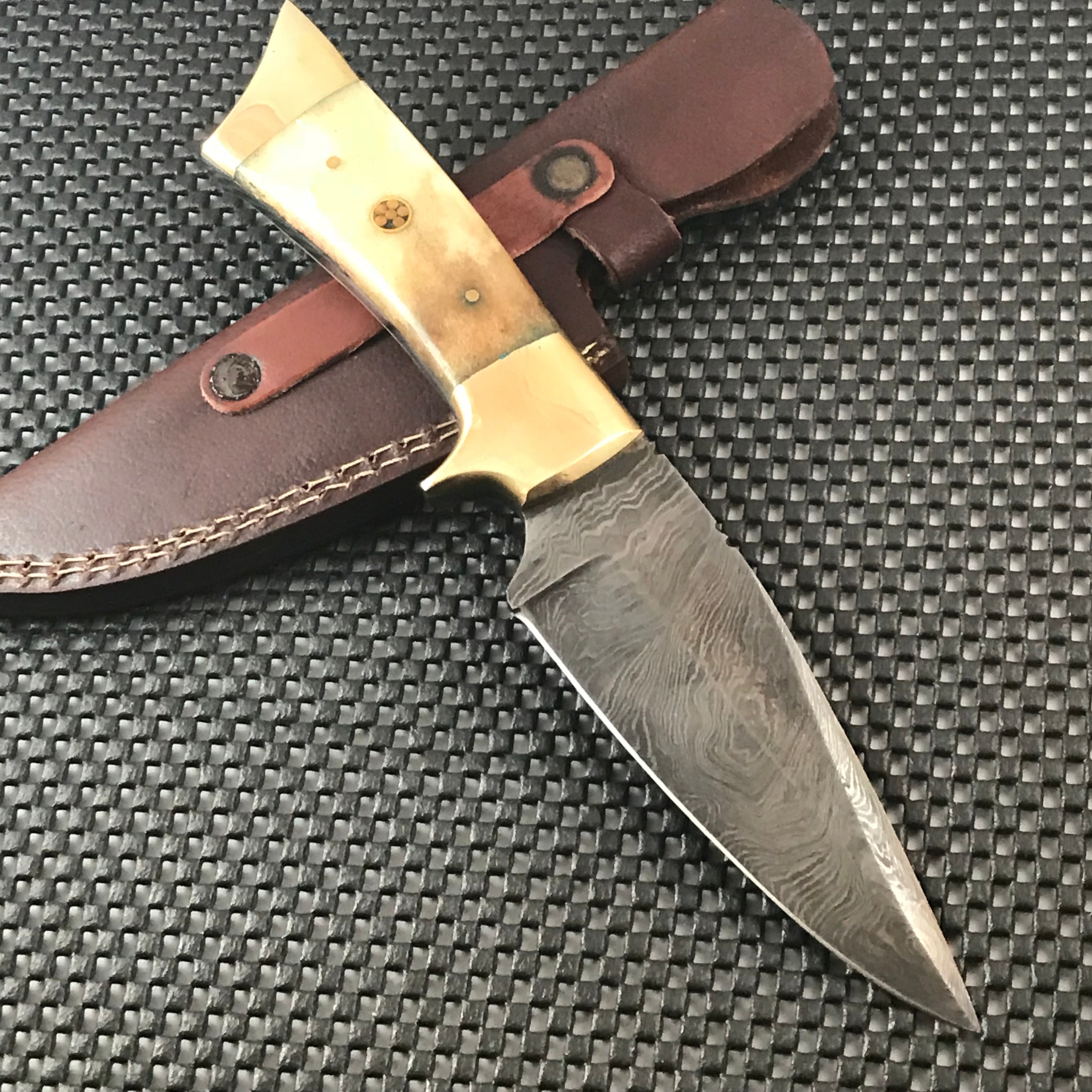 10-inch custom Damascus hunting knife with buffalo horn handle