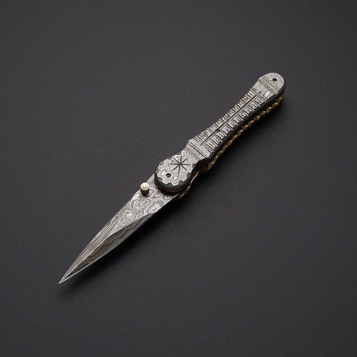 Handcrafted Damascus steel folding pocket knife with leather pouch