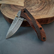 Handmade Damascus folding pocket knife with genuine leather pouch