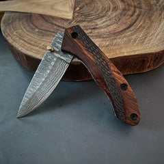 Handmade Damascus folding pocket knife with genuine leather pouch
