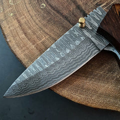 Handmade Damascus folding pocket knife with genuine leather pouch