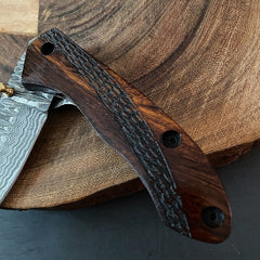 Handmade Damascus folding pocket knife with genuine leather pouch