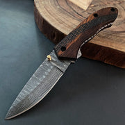 Handmade Damascus folding pocket knife with genuine leather pouch