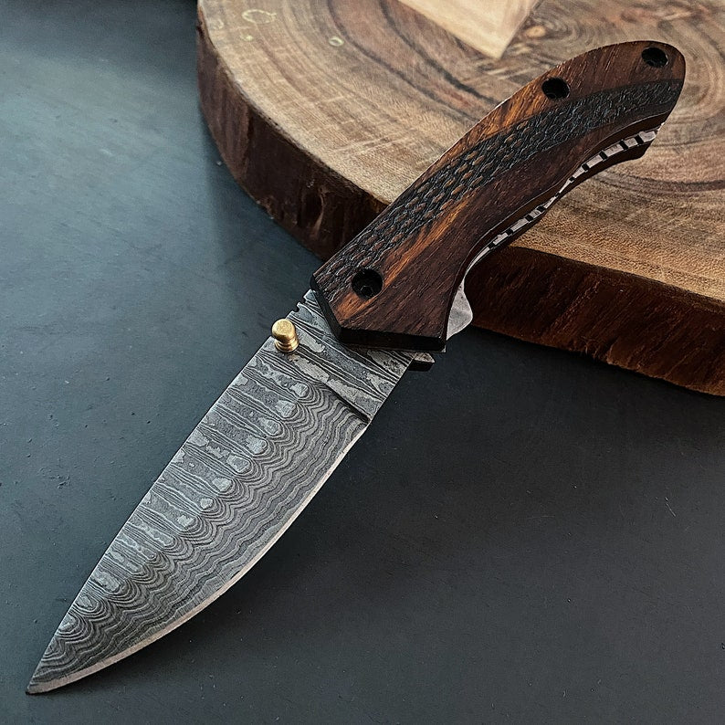 Handmade Damascus folding pocket knife with genuine leather pouch