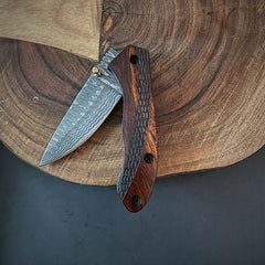 Handmade Damascus folding pocket knife with genuine leather pouch