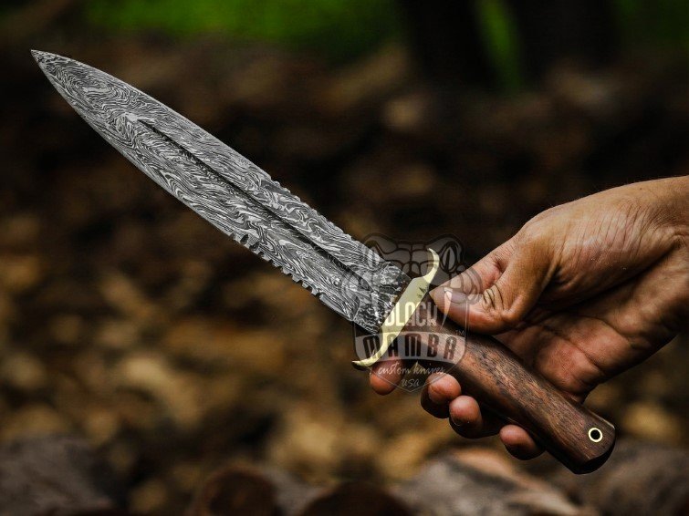Titan Spear Damascus dagger knife with rose wood handle and leather sheath